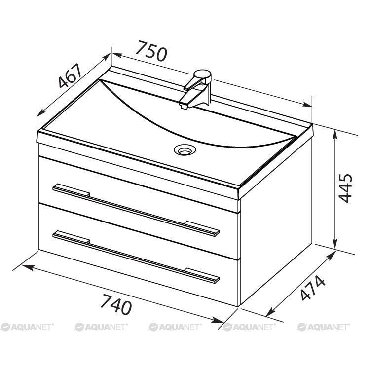 Тумба с раковиной Aquanet Верона NEW 75 белый (подвесная 2 ящика) 00212868