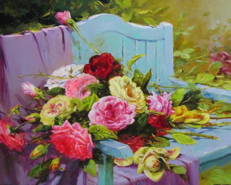 Картина "Розы на скамейке" 50x60 Федорова Ирина