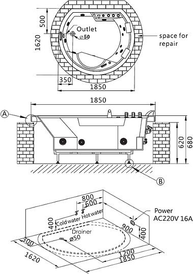 Акриловая ванна Gemy G9053 K 185x162