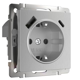 Розетка с быстрой зарядкой USB Type A+С серебряный рифленый Werkel W1171709
