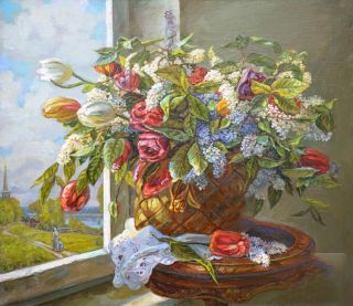 Картина "Черемуха с тюльпанами" Панов Эдуард Парфирьевич