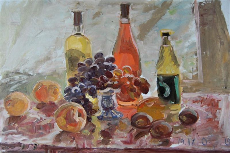 Картина "Персики, вино и виноград" Гаянэ Добровольская