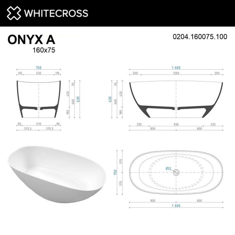 Ванна из искусственного камня WHITECROSS 0204.160075.100 Onyx A 160x75 белый глянец фото 7