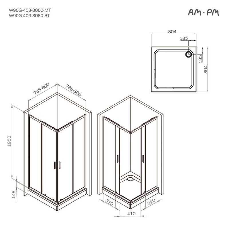 Душевой уголок AMPM Gem W90G-403-8080-BT 80x80 см, профиль черный матовый, стекло прозрачное фото 8