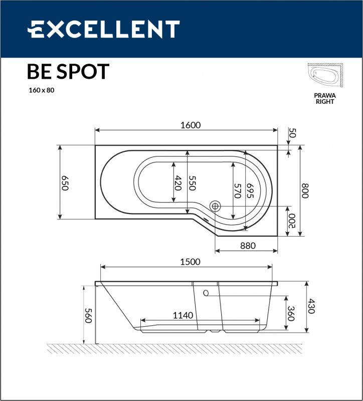 Акриловая ванна Excellent BeSpot WAEX.BSP16WH 160x80 R