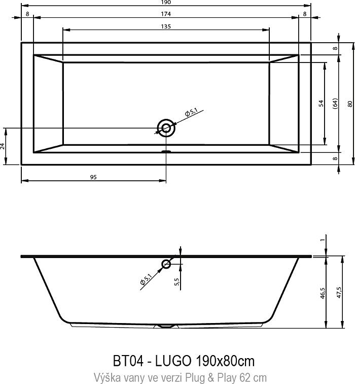 Акрилова ванна Riho Lugo B135014005 190х80 см.