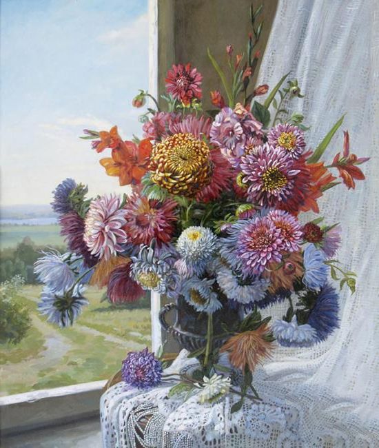Картина "Цветы на фоне окна" Панов Эдуард Парфирьевич