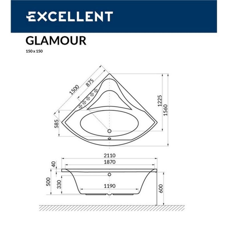 Акриловая ванна Excellent Glamour WAEX.GLA15.SMART.GL 150x150 с г/м, золото