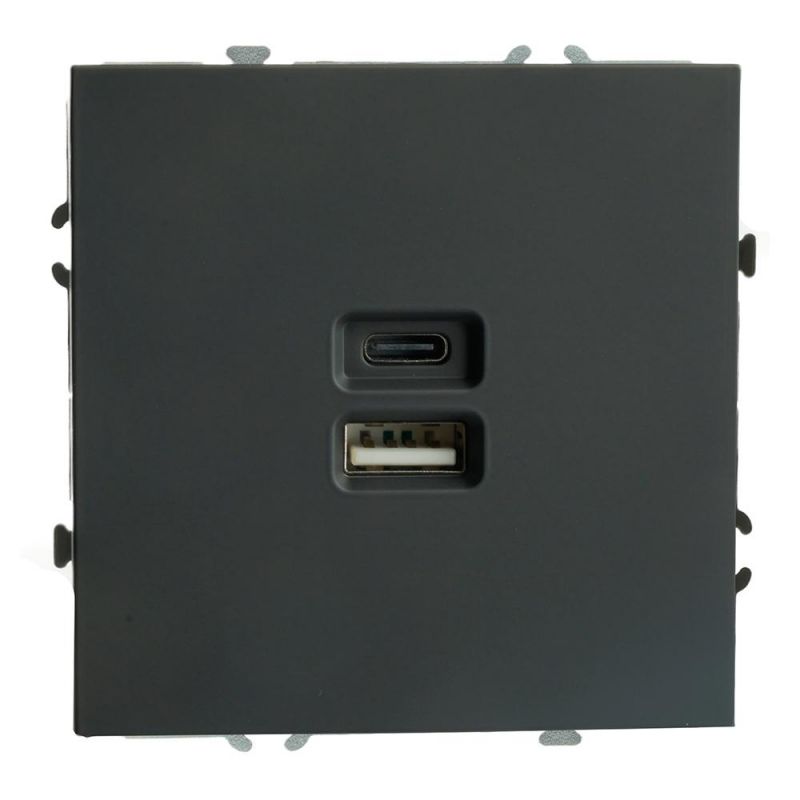 Розетка двухместная Stekker Эмили USB + Type C (механизм) 250В, 20W, RST10-5115-05, черный уголь, soft touch  49853 фото 1