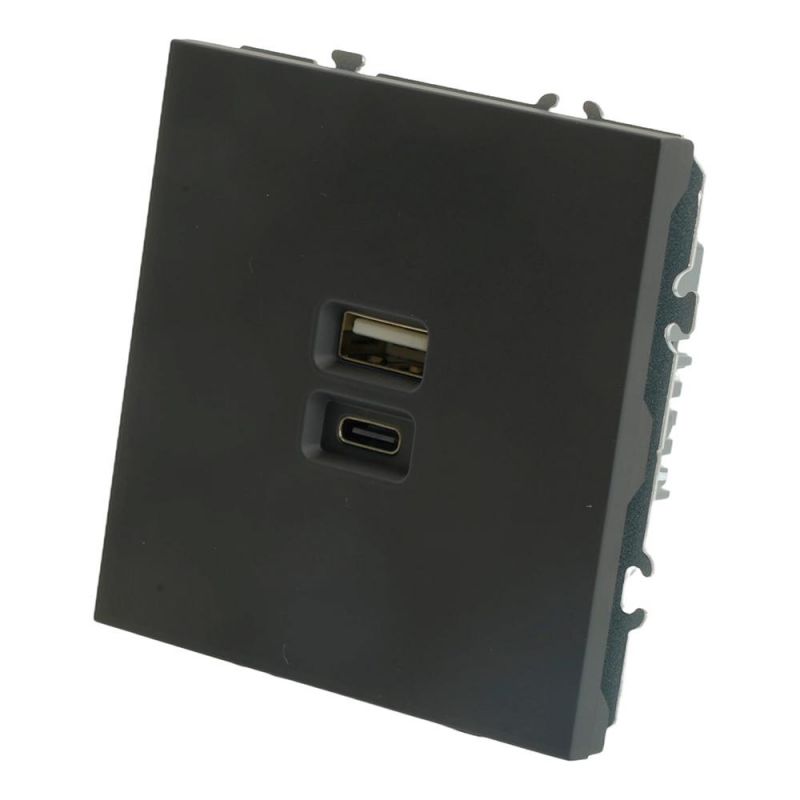 Розетка двухместная Stekker Эмили USB + Type C (механизм) 250В, 20W, RST10-5115-05, черный уголь, soft touch  49853 фото 2