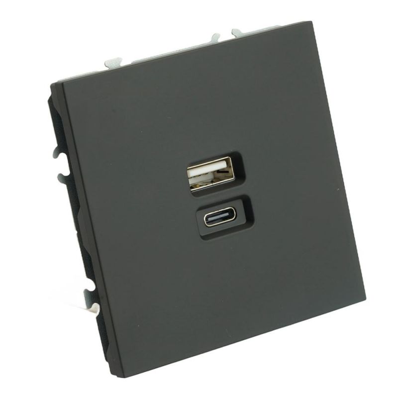 Розетка двухместная Stekker Эмили USB + Type C (механизм) 250В, 20W, RST10-5115-05, черный уголь, soft touch  49853 фото 3