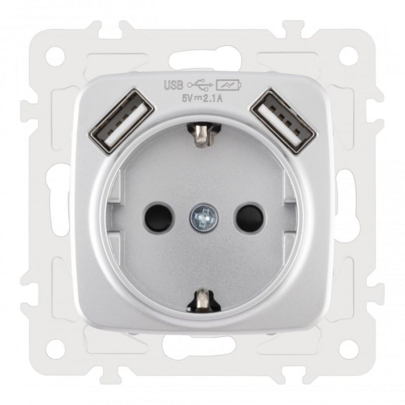 Розетка с заземлением, шторками + 2 USB, 16A 250V, USB DC 5V 2.1A 205.47-1.silver Arte Milano