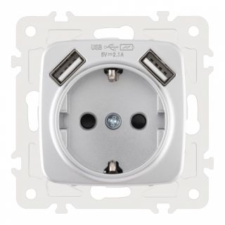 Розетка с заземлением, шторками + 2 USB, 16A 250V, USB DC 5V 2.1A 205.47-1.silver Arte Milano