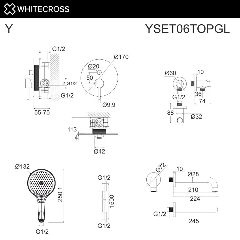 Система для ванны скрытого монтажа WHITECROSS YSET06TOPGL золото фото 3