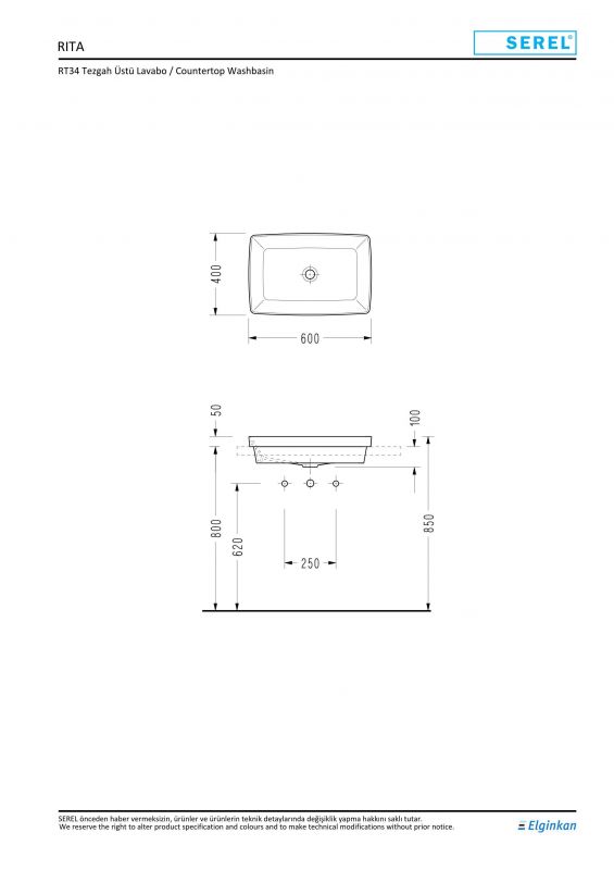 Раковина на столешницу Serel Rita 60x40x15 RT34 фото 2