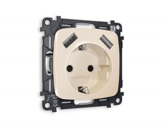 Комплект механизма электрической розетки Ambrella Volt OMEGA Бежевый глянец 2USB A+A 18W (быстрая зарядка) с/з (OP3090, VM155) MO309010