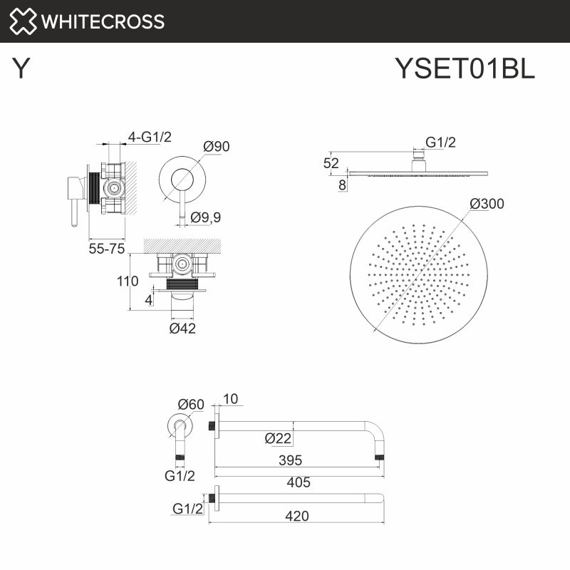 Душевая система Whitecross Y YSET01BL, черная матовая, с внутренней частью