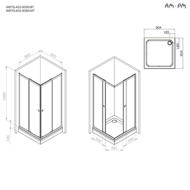 Душевой уголок AM.PM Sunny W87G-403-9090-BT 90x90 см, черный матовый