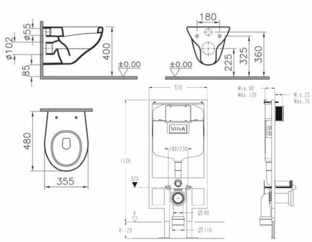 Унитаз подвесной с инсталляцией Vitra Normus 9773B003-7200, кнопка смыва хром