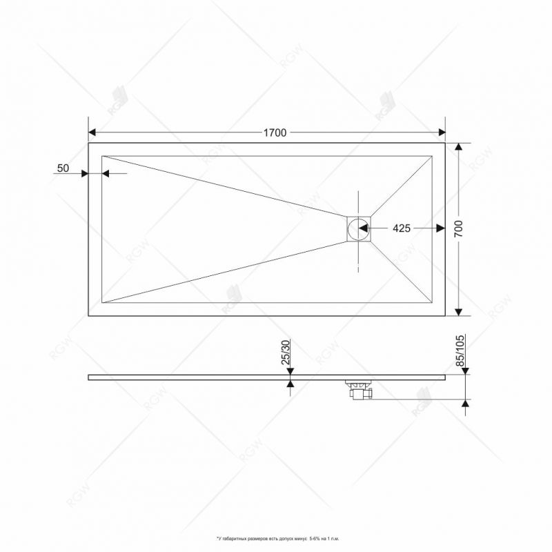 Душевой поддон прямоугольный RGW Stone Tray ST-G (700x1700)