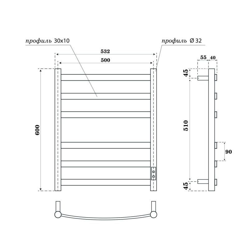 Полотенцесушитель электрический Point Антея PN17856B П6 500x600, диммер справа, черный фото 4