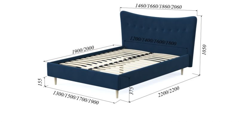 Кровать ARSKO мебельная компания Финна 160x200 синий велюр  BD-2866079