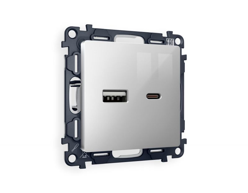 Комплект механизма розетки Ambrella Volt ALFA Серебро глянец 2USB A+C 20W (быстрая зарядка) (AP4110, VM177) MA411010 фото 1