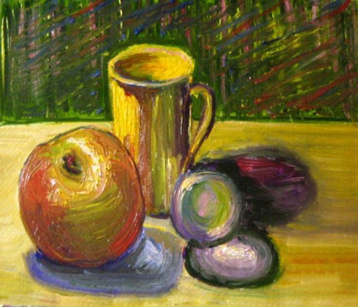Картина "Натюрморт №5. Чашка, яблоко и шарик" Ирина Гвоздецкая