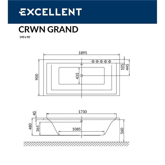 Акриловая ванна Excellent Crown Grand WAEX.CRG19.ULTRA.GL 190x90 с г/м, золото фото 3