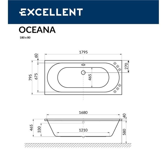 Акриловая ванна Excellent Oceana WAEX.OCE18.NANO.GL, с гидромассажем, 180x80 см