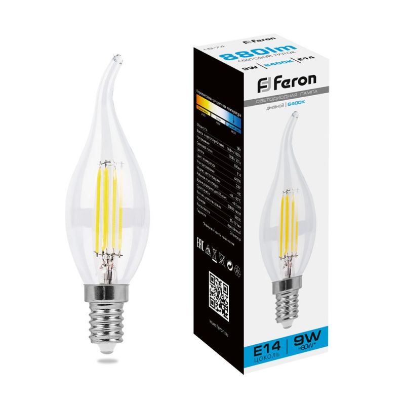 Лампа светодиодная Feron 9W 230V E14 6400K прозрачная, LB-74 свеча на ветру 38235