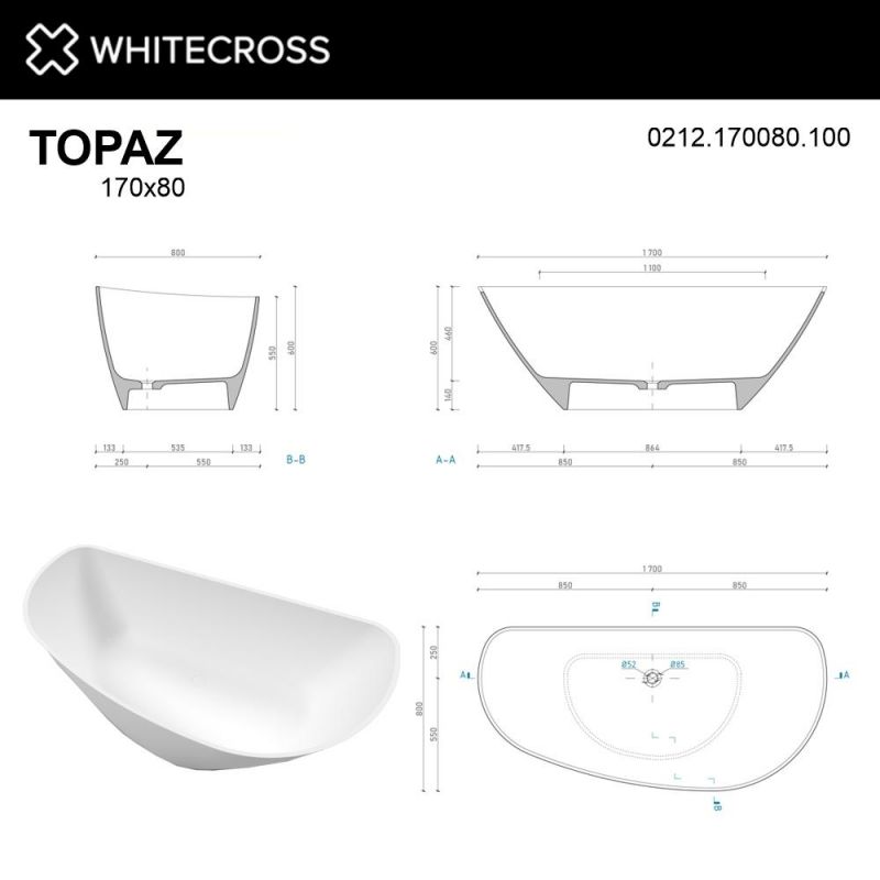 Ванна из искусственного камня WHITECROSS 0212.170080.200 Topaz 170x80 белый матовый