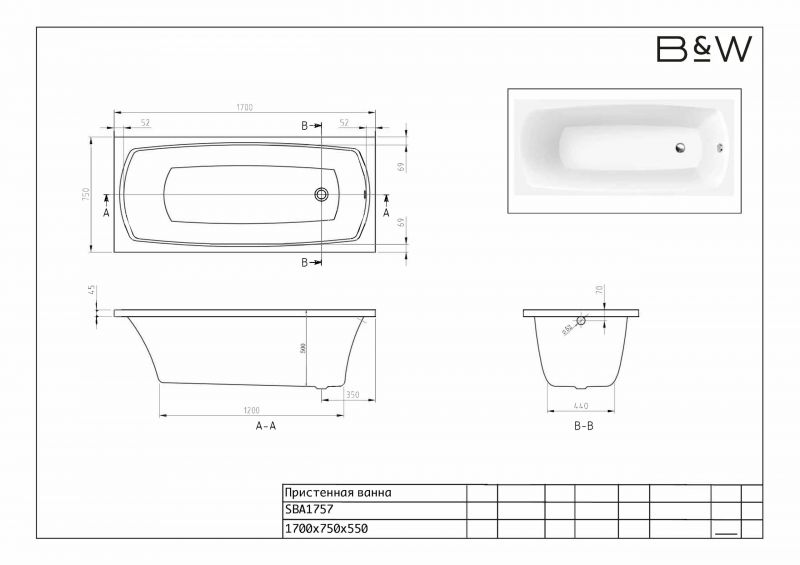 Акриловая ванна Black & White SBA1757 1757SBA0 170х75 см. фото 7