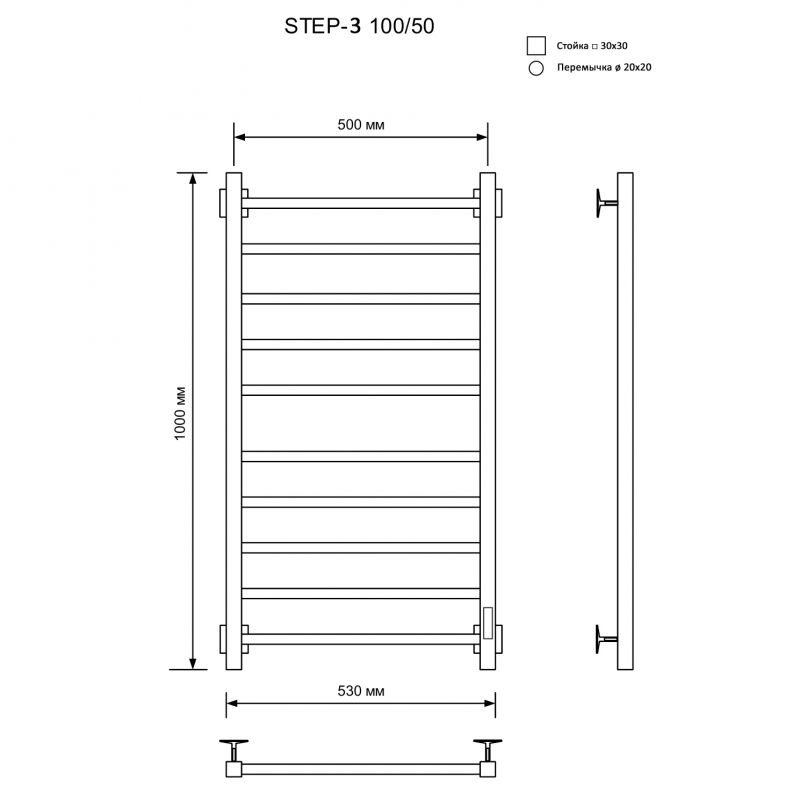 Полотенцесушитель электрический Ника STEP-3 100/50 черн мат прав