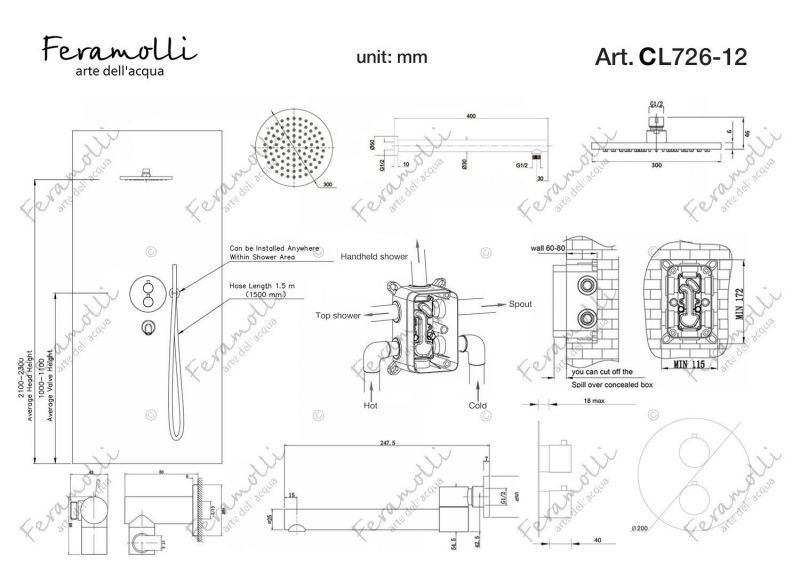 Термостатический комплект 3 в 1 для ванный и душа Feramolli Termostato CL726-12 (30см.), хром фото 2