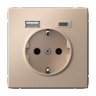 Розетка с USB+USB type C Systeme Electric ARTGALLERY, скрытый монтаж, с заземлением, со шторками, песочный, BD-3025337