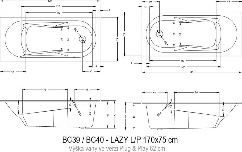 Акрилова ванна Riho Lazy B080001005 170х75 см.