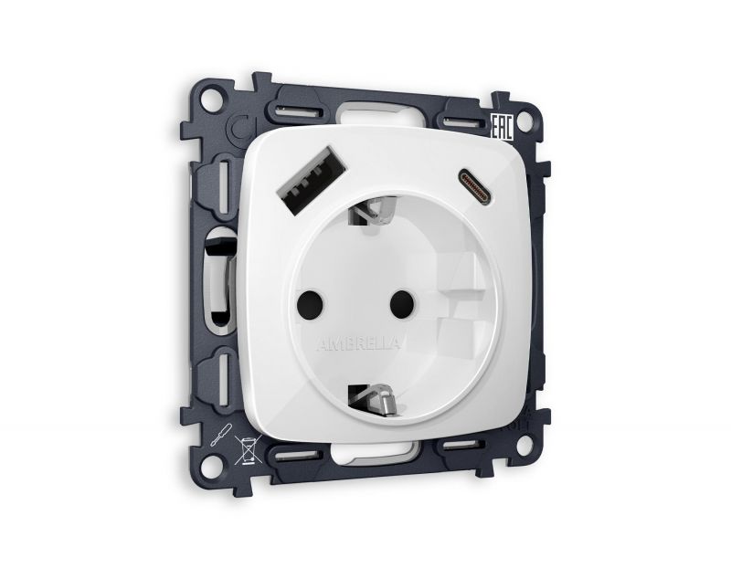 Комплект механизма электрической розетки Ambrella Volt OMEGA Белый глянец 2USB A+C 20W (быстрая зарядка) с/з (OP1100, VM160) MO110010 фото 1