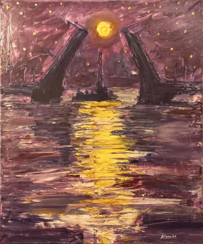 Картина "Луна над Дворцовым мостом" Роман Рахматулин