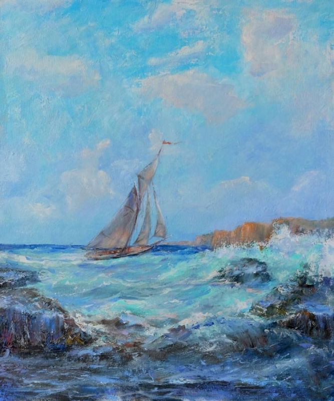 Картина "Морской пейзаж с яхтой" Соловьев Алексей