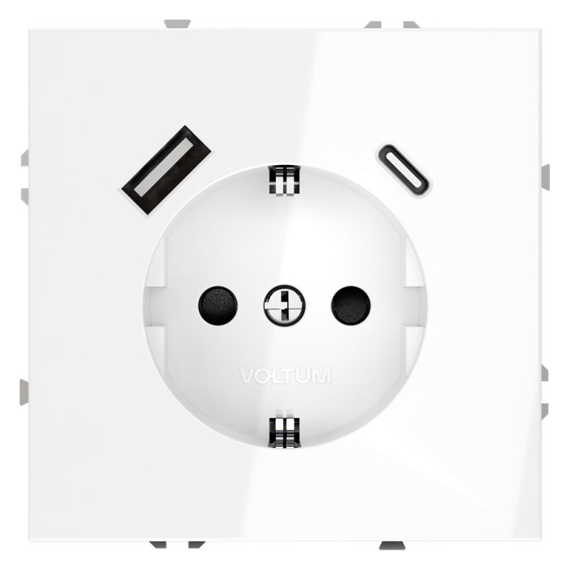 Розетка встраиваемая VOLTUM S70 с заземлением и защитными шторками, 16А, с USB, A+С, (белый глянцевый) VLS040501 фото 1