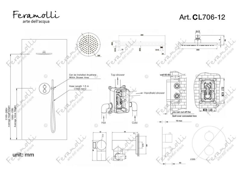 Термостатический комплект для душа Feramolli Termostato CL706-12 (30см.), хром