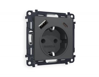 Комплект механизма электрической розетки Ambrella Volt ALFA Графит мягкое касание 2USB A+C 20W (быстрая зарядка) с/з (AP9100, VM160) MA910010