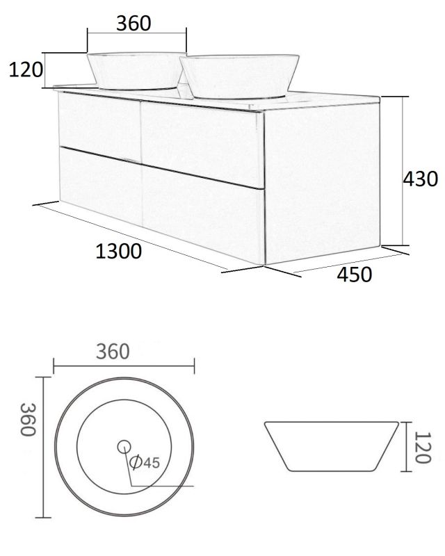 Тумба с раковиной Orange Otto Ot-130TuMDF+B08-360W 55х130 см