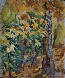 Картина "Листья клёна, ствол берёзы, осень" Гаянэ Добровольская