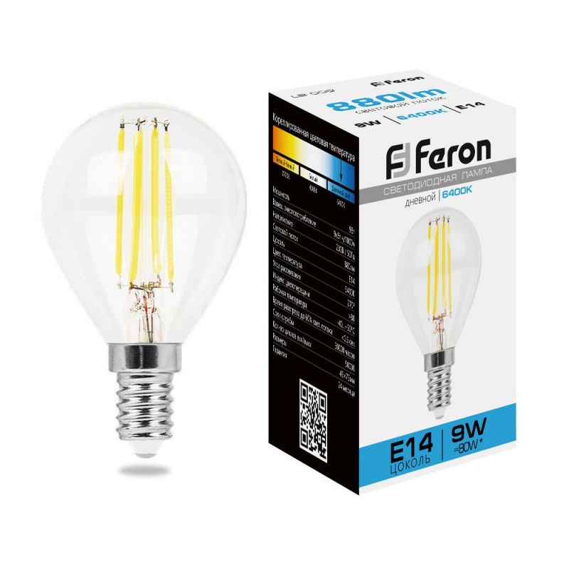 Лампа светодиодная Feron 9W 230V E14 6400K прозрачная, LB-509 38223