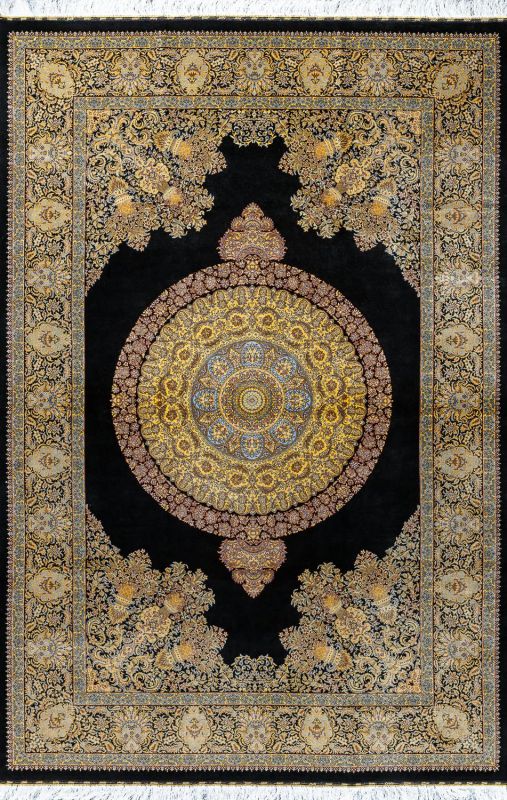 Иранский ковер из шёлка и модала Carpet «MASTERPIECE QUM» 051-21-GRAND MEDALION BLACK-GOLD 151 x 228 см фото 1