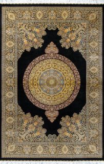 Иранский ковер из шёлка и модала Carpet «MASTERPIECE QUM» 051-21-GRAND MEDALION BLACK-GOLD 151 x 228 см