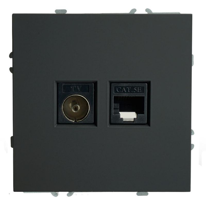 Розетка TV Stekker Эмили + компьютерная RJ-45 (механизм) RST00-5106-05, черный уголь, soft touch  49846 фото 1