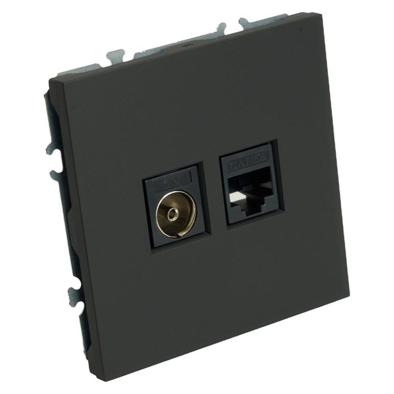 Розетка TV Stekker Эмили + компьютерная RJ-45 (механизм) RST00-5106-05, черный уголь, soft touch  49846 фото 2